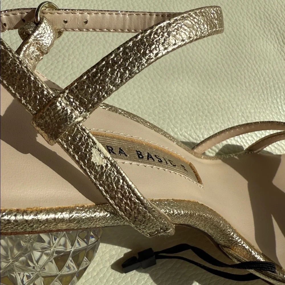 Zara‎ Gold Strappy Heels With Crystal Block